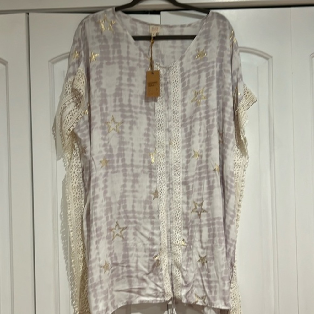 Surf Gypsy Boho Light Purple Tie Dye, Metallic Star Print Swim Coverup medium‎
